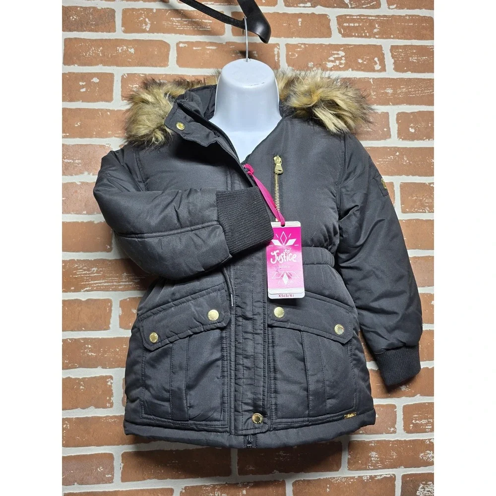 Justice Girls Puffer‎ Jacket Faux Fur Lined With Hood Sz Small 7/8 Black